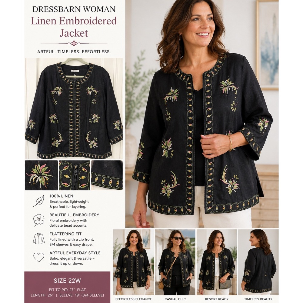 Dressbarn Woman Linen Embroidered Jacket 22W Floral Beaded Boho Black